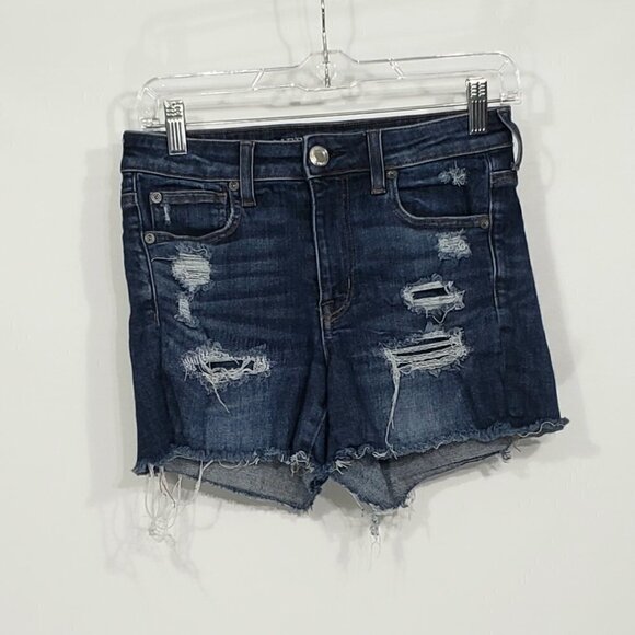 American Eagle Hi Rise Shortie Next Level Stretch Shorts Distressed Womens 4 - Picture 1 of 5